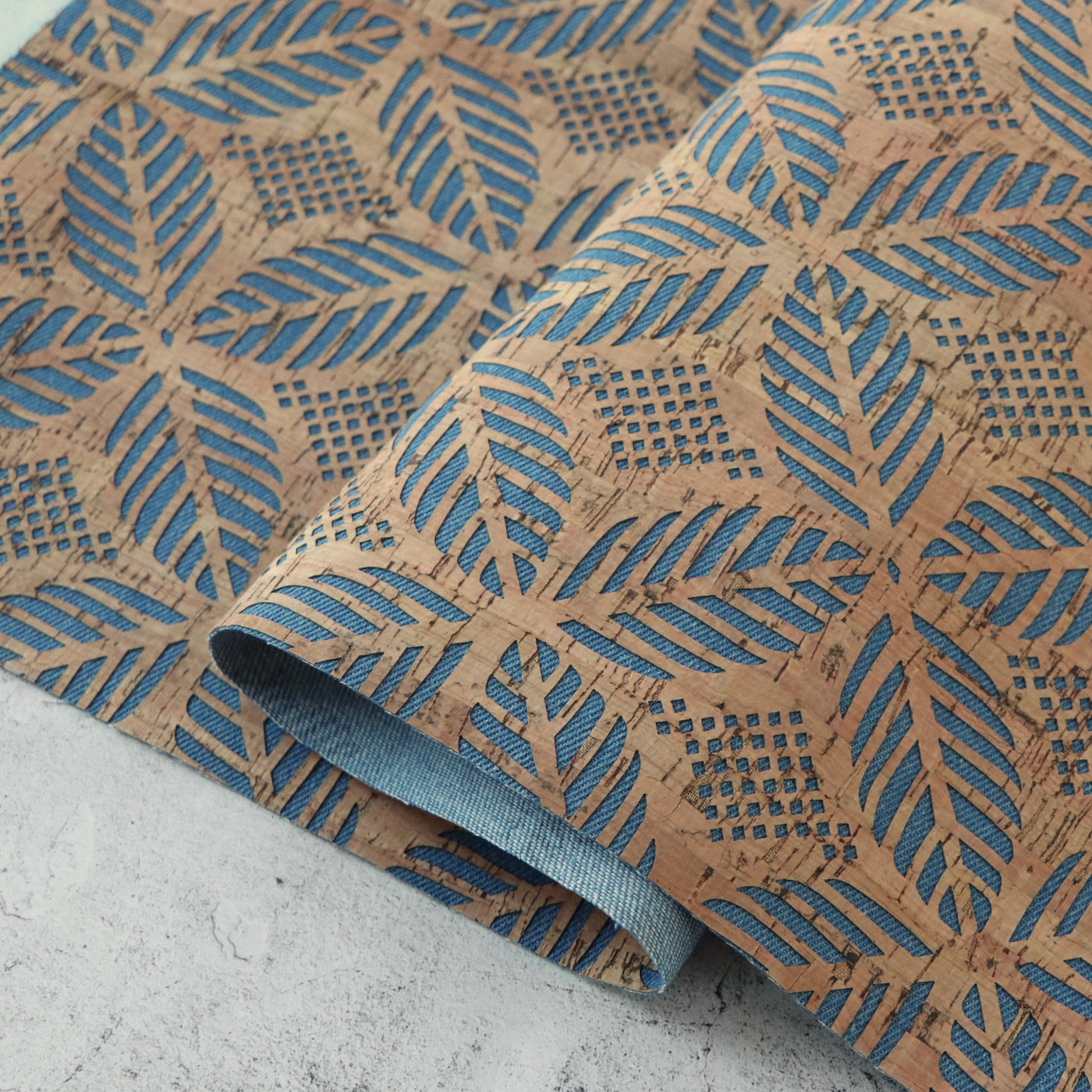 Lite Denim Backed Palms Cork Fabric