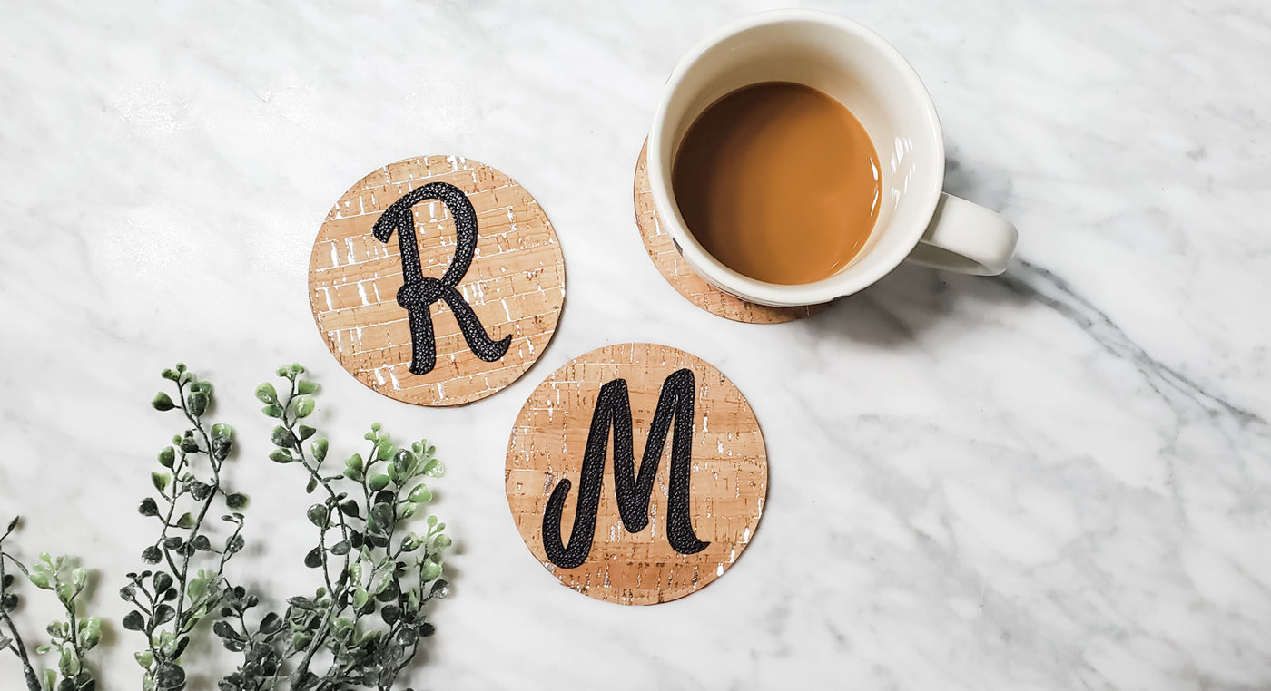 DIY Cork and Faux Leather Monogrammed Coasters