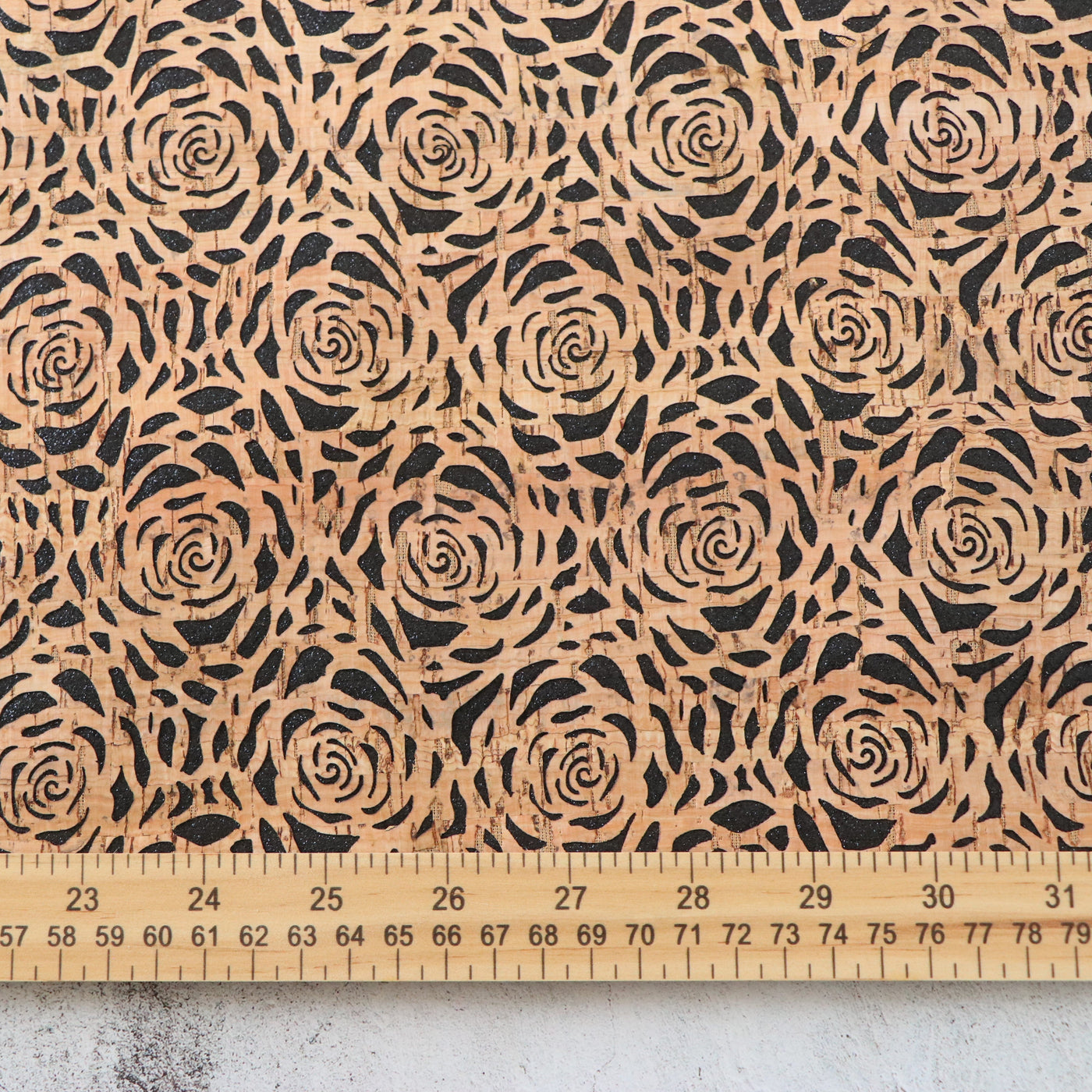 SHORT - Lite Black Glitter Backed Roses Cork Fabric