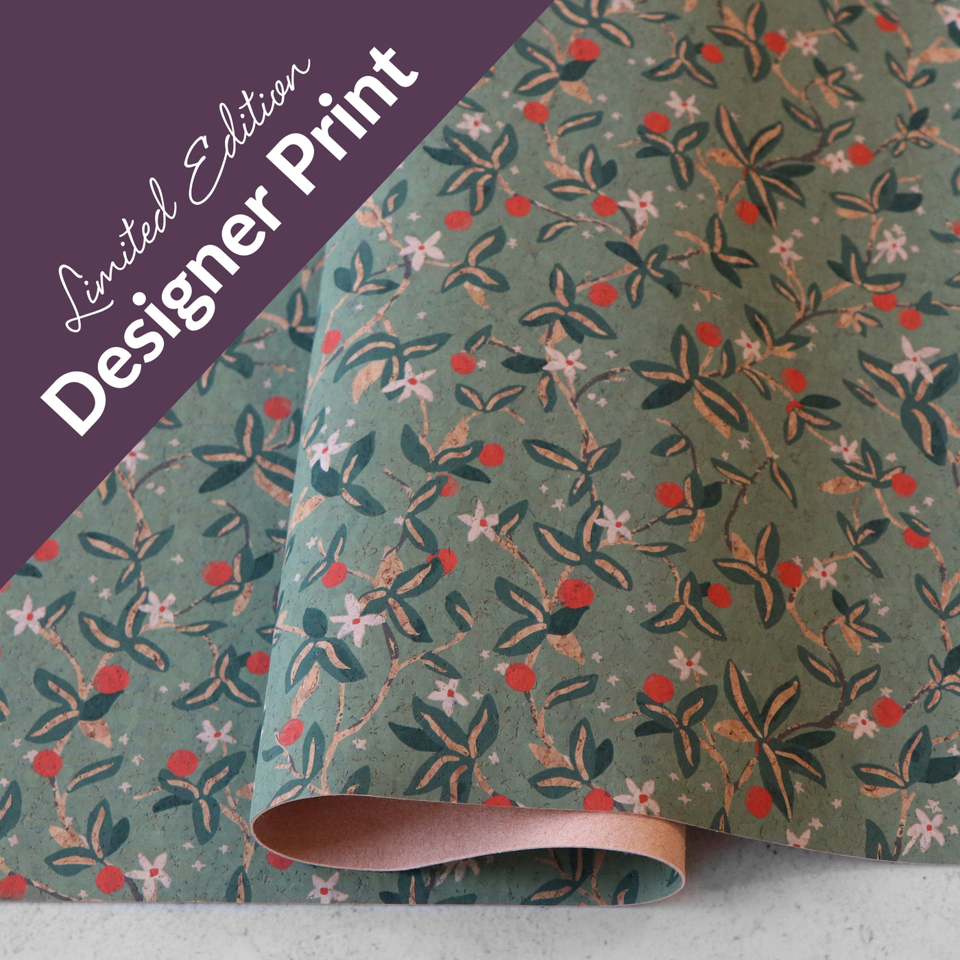 Jessica Rose Designer Print: Citron Vines Cork Fabric