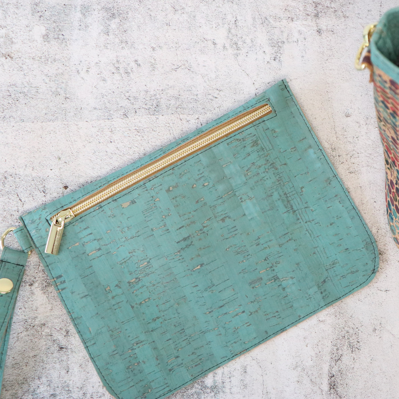 Sample Sale- Phlox Set Clutch & Tote - Grunge Dot & Rustic Turquoise Cork