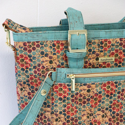 Sample Sale- Phlox Set Clutch & Tote - Grunge Dot & Rustic Turquoise Cork