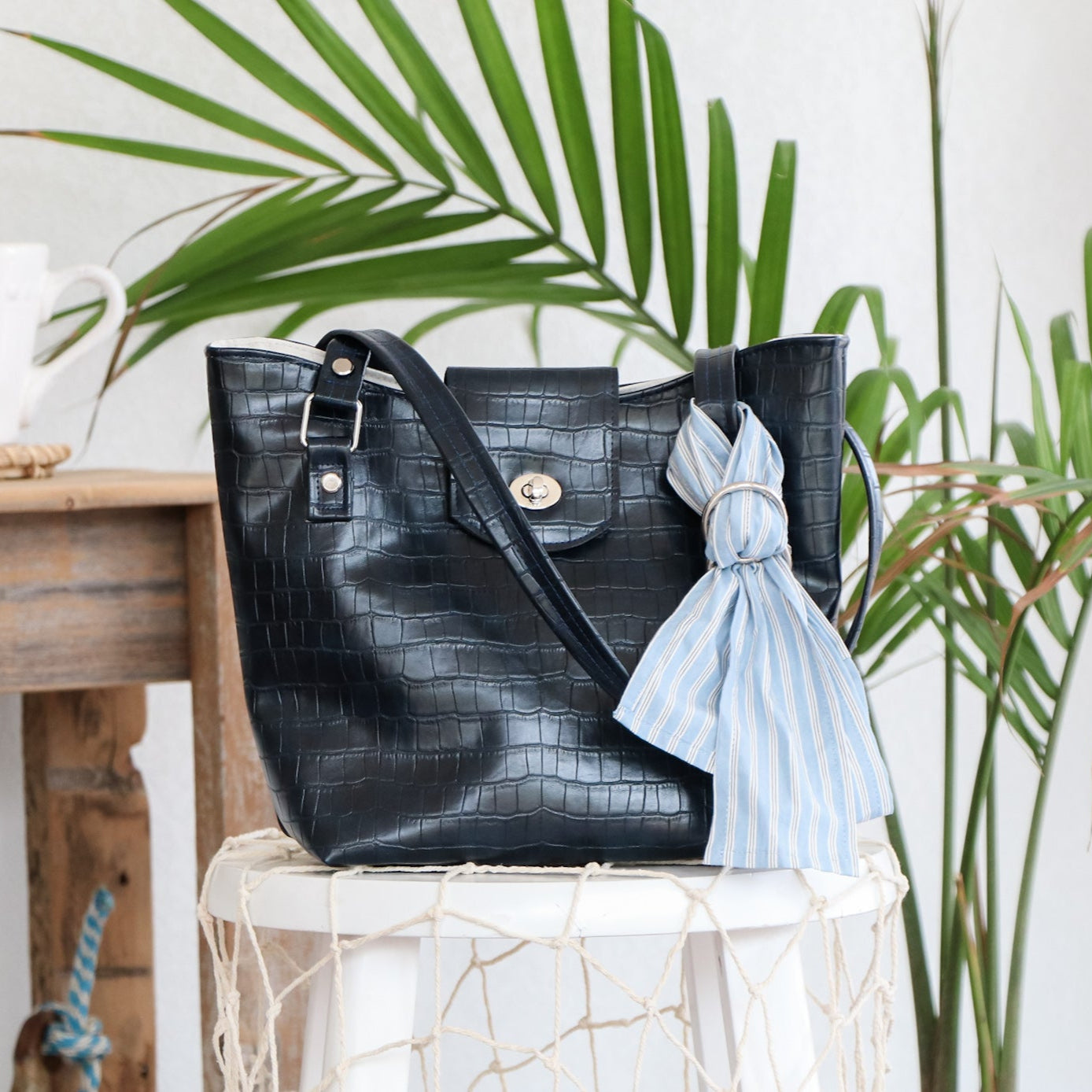 Navy Crocodile Faux Leather