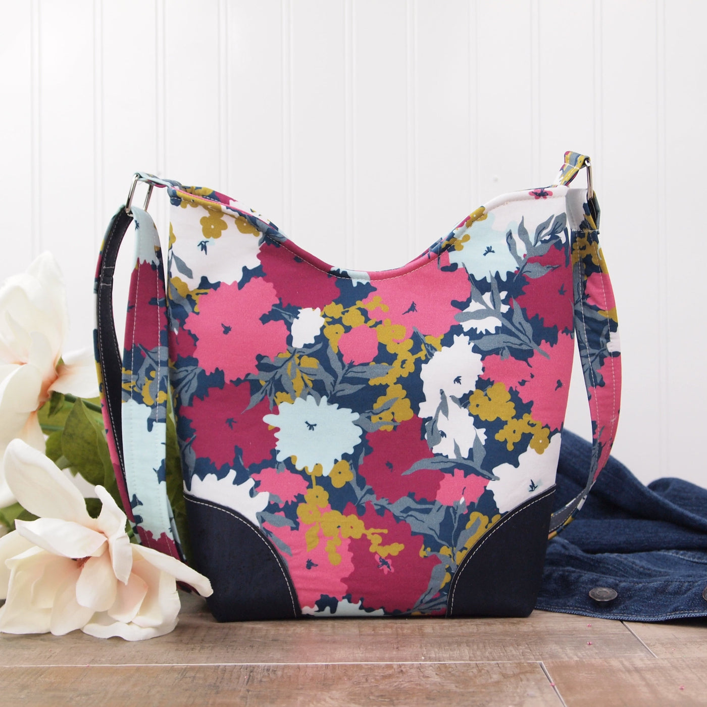 AUCTION-Charade- Pink Floral with Surface Navy Cork- Crossbody