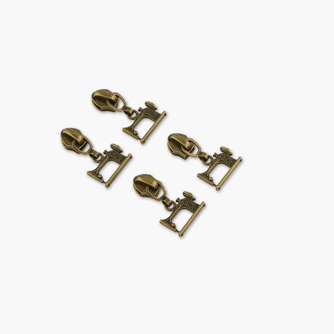 Four #5 Sewing Machine Zipper Pulls Antique Brass Four #5 Sewing Machine Zipper Pulls Antique Brass